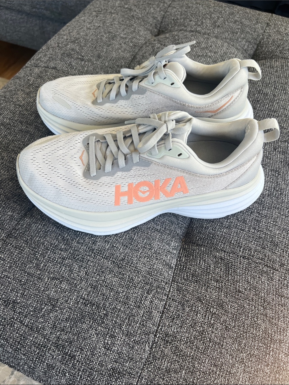 Hoka Women's Light Gray and Coral Running Sneakers